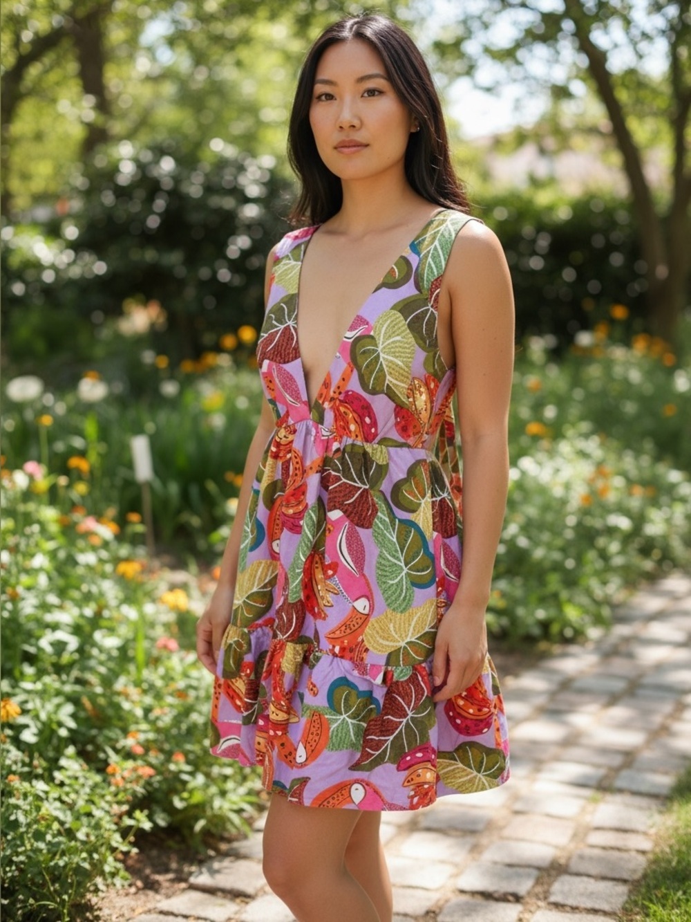 House Of Harlow 1960 / NWT Linen-Blend Open Back-Bow Mini Halter Dress Tropical